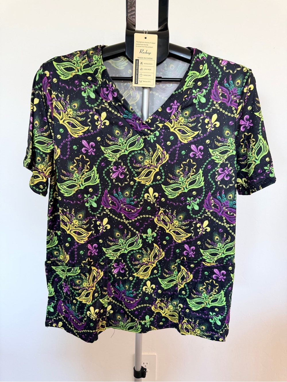 Women’s V-Neck Top in Black with Green, Purple & Yellow Mardi Gras Mask Print
